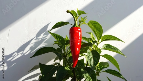 Vibrant Red Chili Pepper Growing on a Plant in Sunlight.