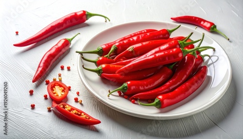 Vibrant red chili peppers on a white plate, ready for cooking and adding spice.