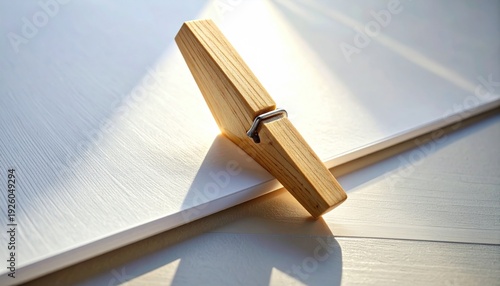 Wooden clothespin on white surface.