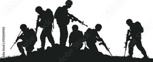 Black silhouettes of a group of soldiers with rifles and tactical gear on a field for military and combat operations.