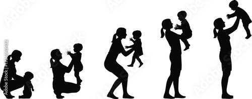 Black silhouettes of a mother lifting her baby in various playful poses isolated on white background for motherhood and family.