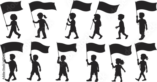 Black silhouettes of children and students walking while holding flags for school parades national holidays and community youth celebration events.