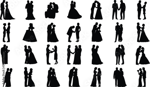 Diverse Wedding Couple Silhouettes Collection on White Background bride groom