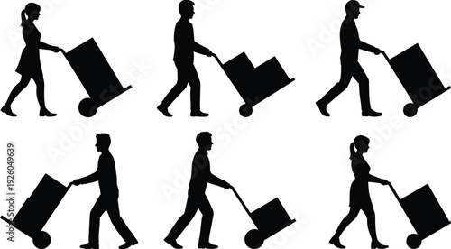 Black silhouettes of delivery workers pushing hand trucks with boxes for logistics shipping warehouse operations freight transport and commercial courier services.