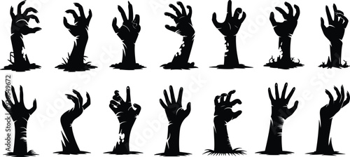 Fifteen Black Zombie Hands Reaching Out of Ground Silhouettes on White Background vector illustration