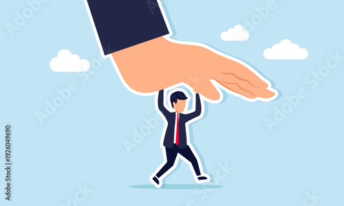 Businessman resisting pressure from giant hand illustration of surviving business stress and overcoming challenges