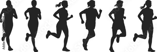 Black silhouettes of female runners jogging for fitness exercise marathon training healthy lifestyle sports and outdoor athletic activity on white.