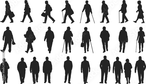 Group of black silhouettes of people walking and standing on white background Keywords: silhouette, people, walking, standing