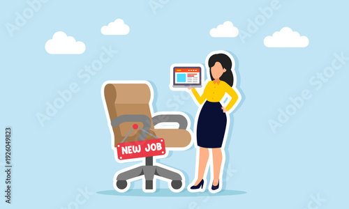 Businesswoman holding laptop near office chair with new job sign illustration of career opportunity after successful presentation