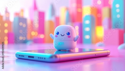 Charming Cute Cartoon Robot with Waving Hand on Smartphone, Representing Digital Interaction, Modern Technology, and Friendly AI in a Vibrant Urban Scene