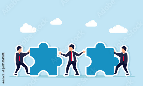 Businessman standing between two businessmen matching puzzle illustration of business agreement collaboration and leadership guidance