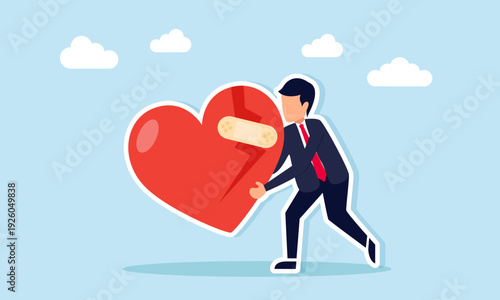 Businessman holding repaired broken heart illustration of business recovery and rising again from failure
