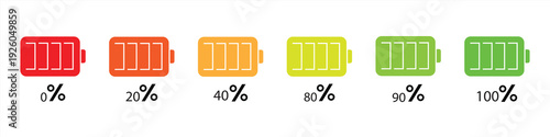 Battery level icon. Battery level from low to full with percentage. Colored charge level indicator, vector illustration.