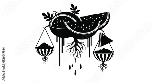 Abstract artistic representation of watermelon slices and roots, symbolizing growth and nature's bounty.