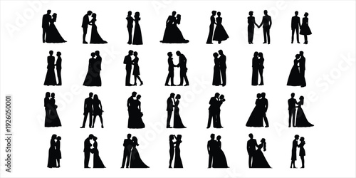 Romantic Wedding Couple Silhouettes Collection on White Background bride groom