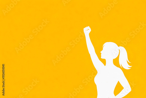 Empowered woman silhouette raising fist on orange background with copy space