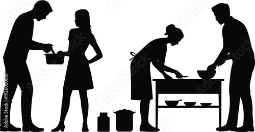 Silhouette of people cooking and preparing food together in a kitchen setting vector illustration