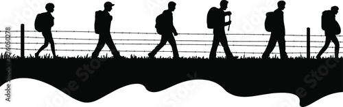 Black silhouettes of hikers with backpacks walking in a line along a barbed wire fence for trekking and adventure themes.