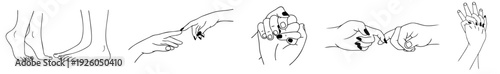 hand gestures set showing dominant hand hold, pinky promise, heart shape hands and intimate touch, body language of love, trust
