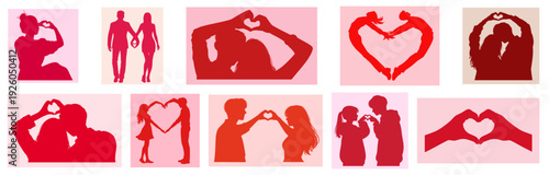 Red and Pink Silhouettes of Romantic Couples Forming Heart Shapes with Hands and Fingers, Jumping, Hugging, for Valentine’s Day
