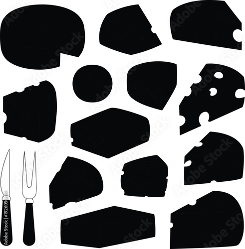 Cheese Variety Silhouette Set with Different Dairy Blocks, Wedges and Slices, Black Vector Illustration Collection for Food Design