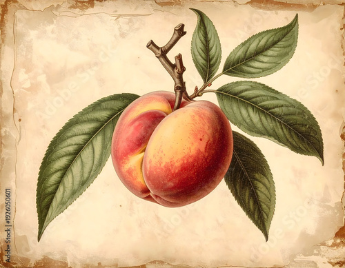 A vintage botanical illustration of a 'Georgia Belle' peach, complete with handwritten