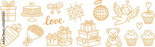Cute Valentine Love Line Art Illustration Set, Gifts, Cupcakes, Angel, Teddy Bear, Romantic Celebration Outline Collection