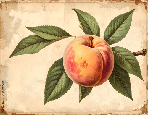 A vintage botanical illustration of a 'Georgia Belle' peach, complete with handwritten