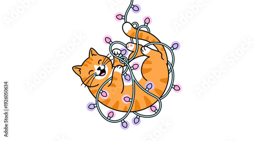Happy Cartoon Orange Cat Playfully Tangled in Colorful Christmas Lights Vector Illustration