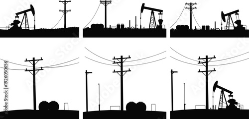 Black silhouettes of oil pump jacks and power line utility poles for fossil fuel energy production and industrial power infrastructure.