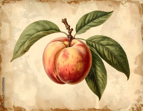 A vintage botanical illustration of a 'Georgia Belle' peach, complete with handwritten