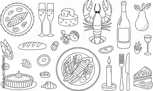 Elegant Gourmet Food and Drink Line Art Illustration Set, Seafood, Cheese, Wine, Bread, Dessert, Fine Dining Culinary Outline Collection