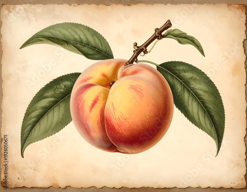 A vintage botanical illustration of a 'Georgia Belle' peach, complete with handwritten