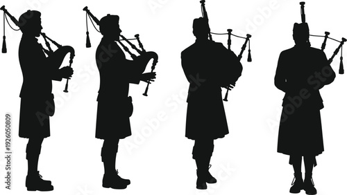 Black silhouettes of Scottish bagpipe players in traditional kilts performing and standing in various poses isolated on white background.