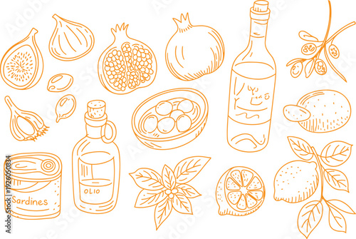 Mediterranean Food Hand Drawn Illustration Set with Olive Oil, Sardines, Pomegranate, Lemon, Fig and Garlic in Orange Outline Style