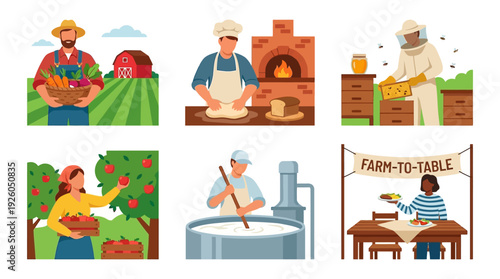 Farm-to-Table Food Production & Supply Chain: Farmer, Baker, Beekeeper, Milkman, Apple Picker, and Eater. Sustainable Agriculture Concept.