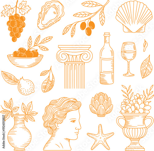 Mediterranean Vintage Line Art Illustration Set, Wine Bottle, Grapes, Oyster, Olive Branch, Classical Sculpture, Decorative Outline Collection