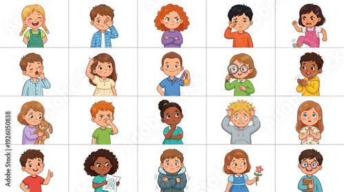 Diverse Kids' Emotions and Actions Vector Set. Cartoon Children Expressing Happiness, Sadness, Anger, Fear, Curiosity, and More Feelings.