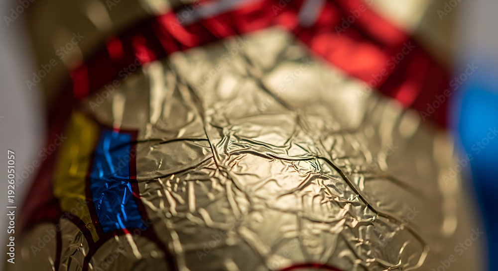 Fototapeta premium Closeup of gold foil wrapped chocolate with colorful label and red ribbon