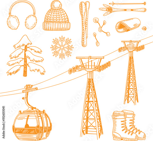 Winter Ski Resort Line Art Illustration Set with Cable Car, Snowflake, Fir Tree and Warm Clothing in Orange Outline Style