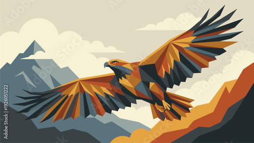Geometric Eagle Flying Over Mountains, Stylized Bird of Prey Art