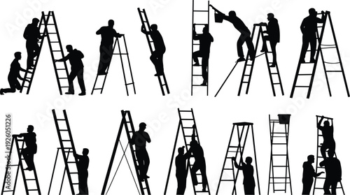 Black silhouettes of workers climbing and standing on ladders for construction maintenance repair house painting and industrial work on white background.