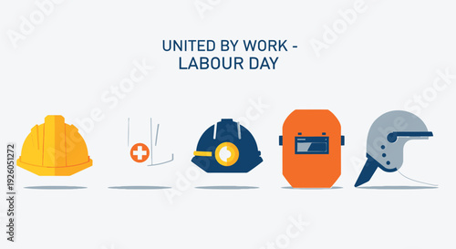 Labor Day icon set, United By Work. Includes hard hat, safety glasses, mining helmet, welding mask, and construction hat. Created in flat style with colorful palette.