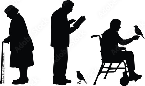 Elderly Silhouettes Set Featuring Senior Woman with Walking Stick, Man Reading Book, and Person in Wheelchair with Small Bird Interaction Isolated