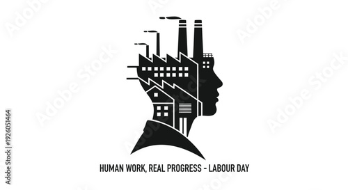 Labour Day vector graphic with human head and factory