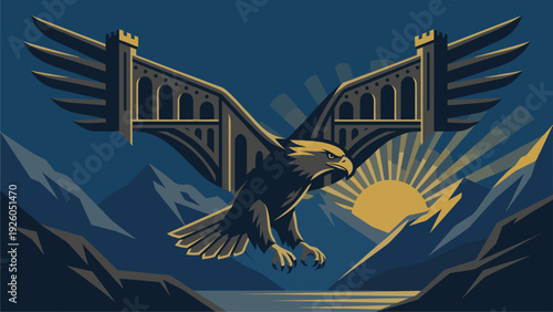 Majestic Eagle with Castle Wings Soaring Over Mountains, Sunrise Symbolizing Strength & Vision