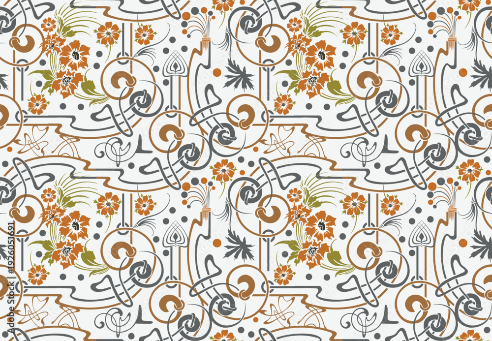 Naklejka premium Seamless Art Nouveau Floral Pattern with Retro Swirls and Orange Wildflowers on White Background 