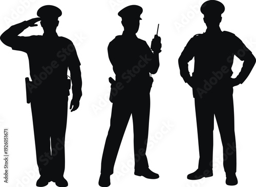 Police Officer Silhouettes Set Featuring Cop Saluting, Officer Using Walkie Talkie Radio, and Guard Standing with Hands on Hips Isolated
