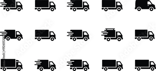 Delivery truck icon set with varied designs, motion lines, cargo shapes, black silhouettes, logistics, transportation, shipping graphics.