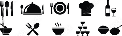Dining icons set with cutlery, chef hat, wine, steaming bowls, serving dish, place setting, stacked glasses, food silhouettes.